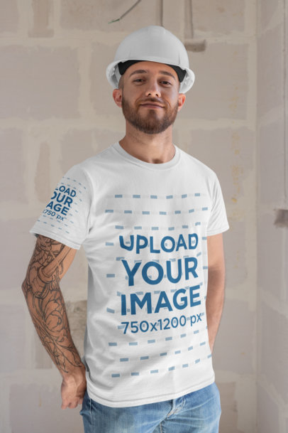 Mockup of a Man Wearing a T-Shirt with a Customizable Sleeve and a with a Construction Helmet
