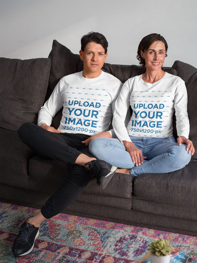 Long Sleeve Tee Mockup of a Middle-Aged Couple Chilling on Their Sofa