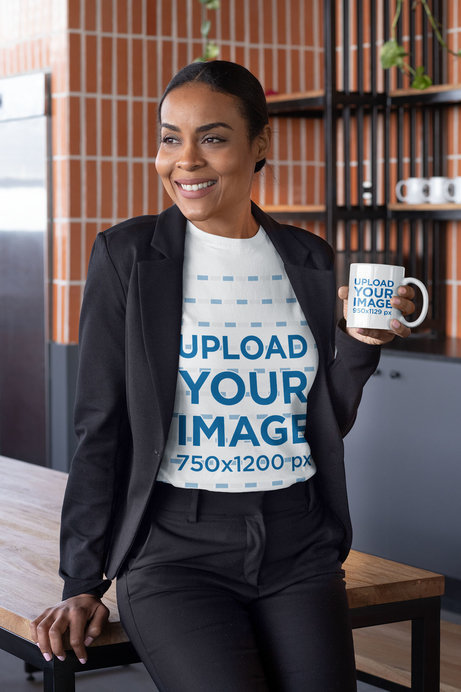T-Shirt Mockup Featuring a Woman Holding an 11 oz Coffee Mug