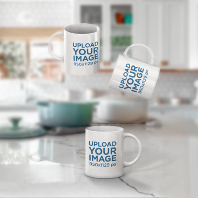 Mockup Featuring Three 11 oz Coffee Mugs Floating against a Blurry Background