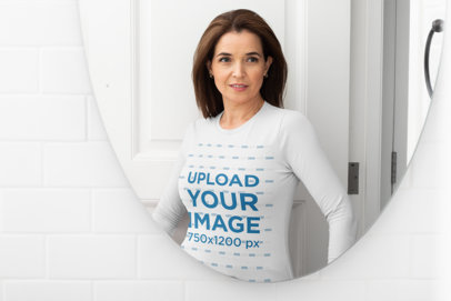 Long-Sleeve Tee Mockup of a Woman Looking Herself in the Mirror 
