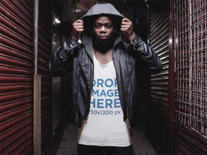 Men's Tank Top Mockup Featuring a Stylish Man with a Hoodie