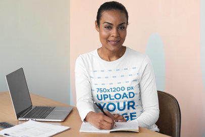 Long Sleeve Tee Mockup of a Middle-Aged Woman Working