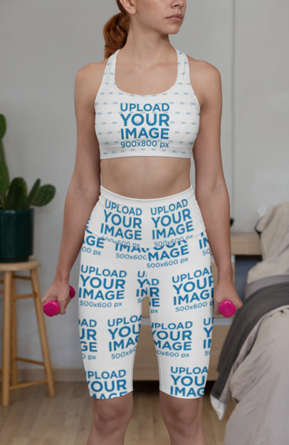 Mockup of a Woman with a Sports Bra and Bike Shorts Working Out