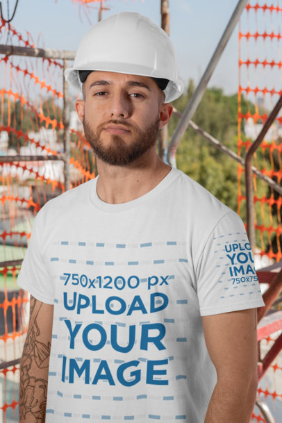 Sleeve T-Shirt Mockup Featuring a Construction Worker on Site