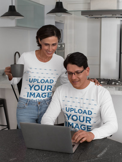Long Sleeve Tee Mockup of a Couple Working on the Computer
