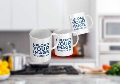 Mockup Featuring Three 11 oz Mugs Floating over a Kitchen Counter 