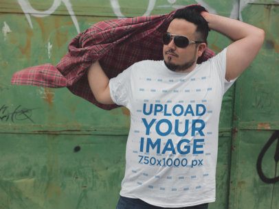 Plus Size Tee Mockup of a Young Man Wearing a Plaid Shirt