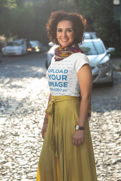 T-Shirt Mockup Featuring a Middle-Aged Woman on the Street