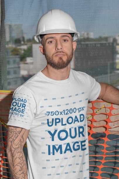 T-Shirt Sleeve Mockup of a Bearded Construction Worker with an Arm Tattoo