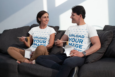 T-Shirt Mockup Featuring a Couple Eating Box Noodles