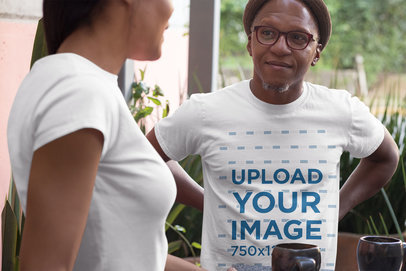 T-Shirt Mockup of Two Middle-Aged People Talking