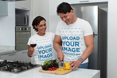 T-Shirt Mockup of a Couple Cutting Vegetables