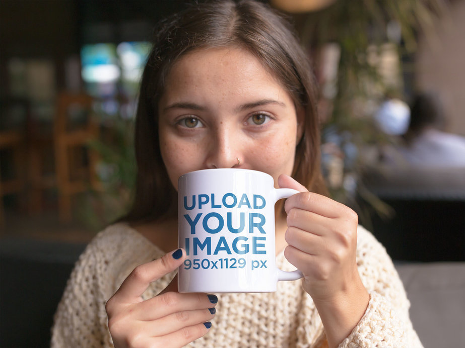Mug Mockup of a Beautiful Woman Drinking a Hot Beverage
