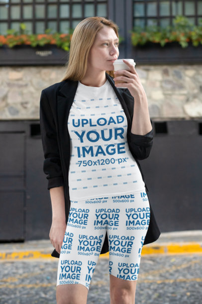 Mockup of a Woman Wearing a T-Shirt and Bike Shorts