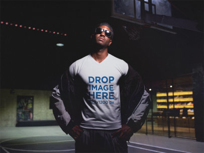 V-Neck Tee Mockup of an Urban Guy at a Basketball Court