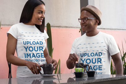 T-Shirt Mockup of a Middle-Aged Couple Enjoying Coffee 