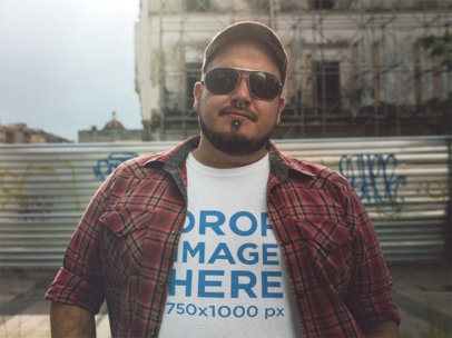 Round Neck Plus Size Tee Mockup of a Guy Wearing a Hat and Sunglasses