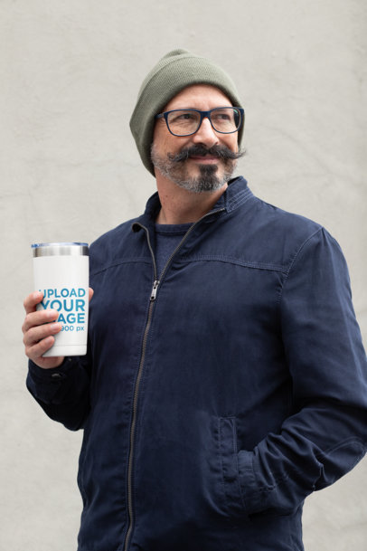 Travel Mug Mockup of a Middle-Aged Man with a Stylish Moustache