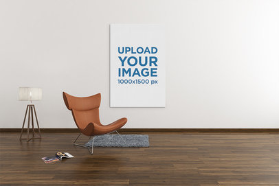 Mockup Featuring an Art Print Hanging by a Modern Chair and a Floor Lamp 