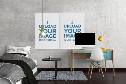 Mockup of Two Art Prints Placed on a Bedroom Wall