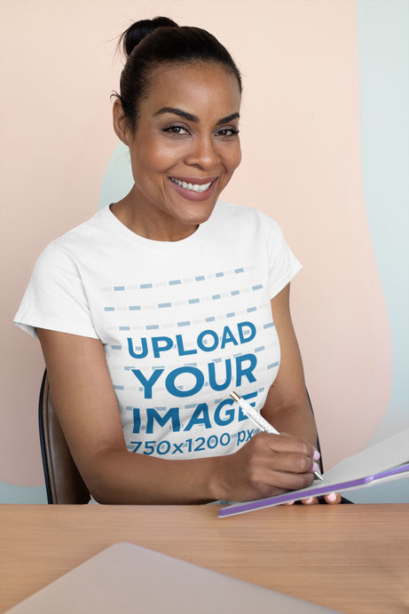 T-Shirt Mockup of a Middle-Aged Woman at Work 