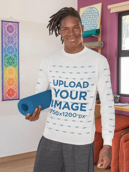 Long-Sleeve Tee Mockup Featuring a Man Ready to Practice Yoga