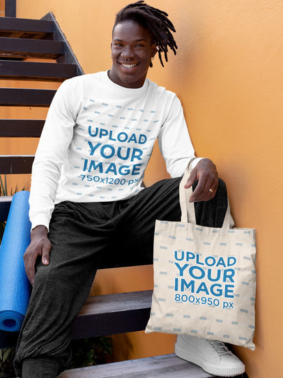 Long Sleeve Tee Mockup of a Man Holding a Tote Bag 31122