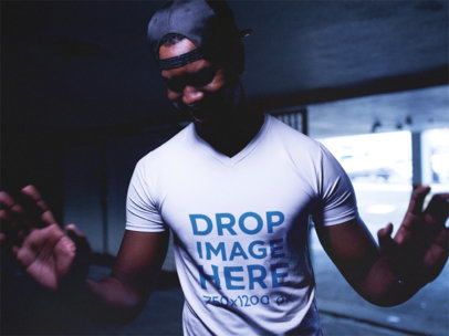 V-Neck Tee Mockup of a Guy Inside a Parking Lot