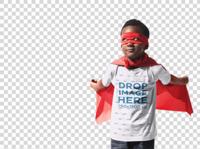 Super Hero Kid's Round Neck T-Shirt Mockup Wearing a Red Cape