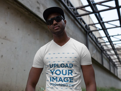 V-Neck Tee Mockup of a Man Wearing Sunglasses
