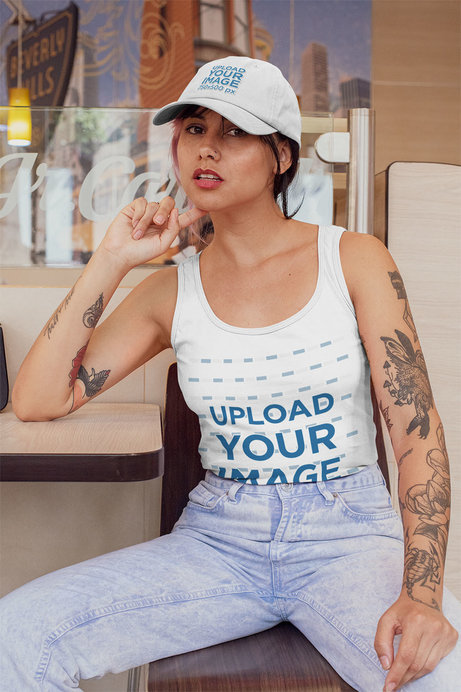 Tank Top Mockup of a Woman Wearing a Dad Hat at a Restaurant