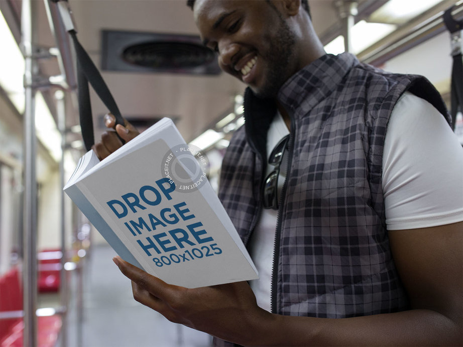 Book Cover Mockup of a Young Man Reading a Paperback on the Metro