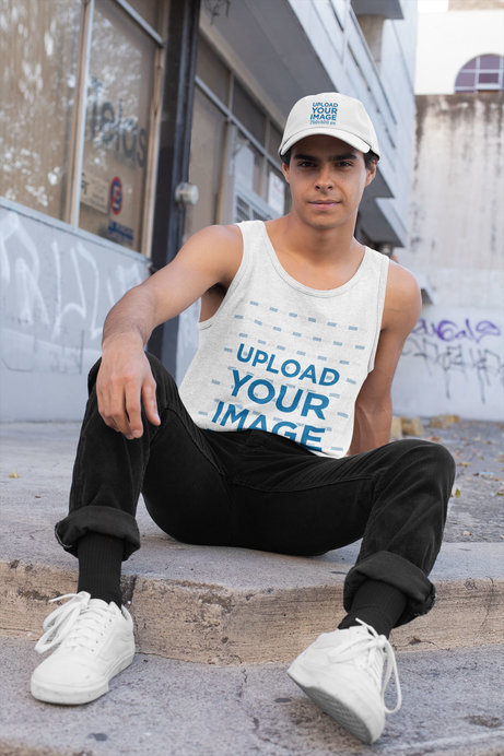 Tank Top Mockup Featuring a Man with a Dad Hat in an Urban Environment 