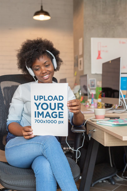 Mockup of a Woman with Headphones Reading a Magazine