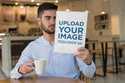 Magazine Mockup of a Man at a Coffee Shop
