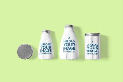 Mockup Featuring Several Cosmetic Jars and Bottles Placed on a Colored Surface