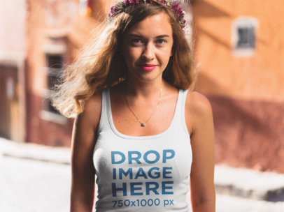 Mockup of a Pretty Woman Wearing a Tank Top and Flower Headband