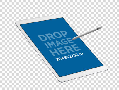 Mockup of an iPad Pro with Apple Pencil in Angled Portrait Position