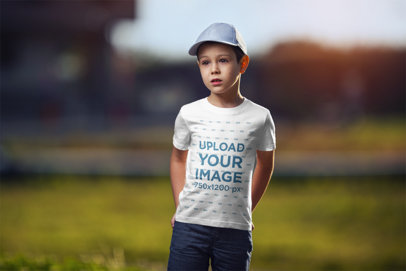 T-Shirt Mockup Featuring a Boy Standing Against a Blurry Background 