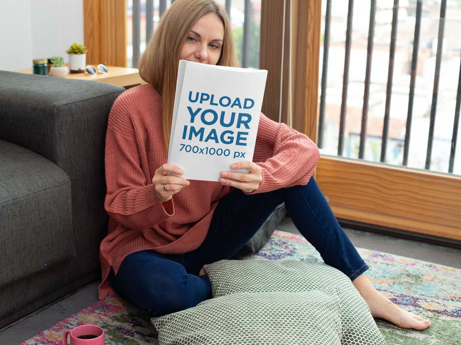 Magazine Mockup Featuring a Woman Sitting on Her Living Room Floor 