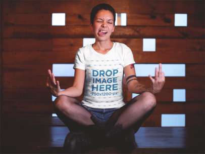Urban Round Neck Tee Mockup of a Funny Woman in a Yoga Pose