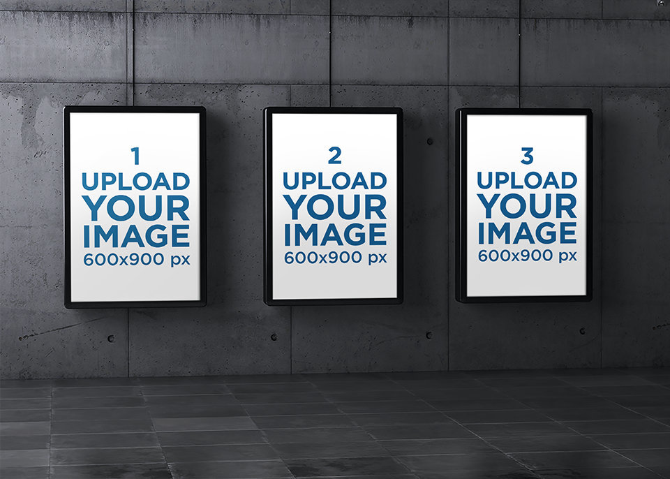 Mockup Featuring Three Mupis Placed at an Underground Station's Wall 