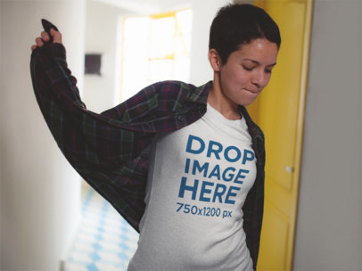 T-Shirt Mockup of a Fun Woman with a Plaid Long Sleeve Shirt