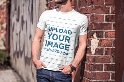 T-Shirt Mockup of a Bearded Man Leaning on a Brick Wall