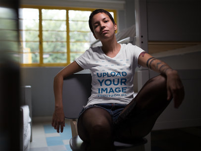 T-Shirt Mockup of a Young Hipster Girl Sitting Back in a Chair a12214