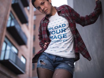 Round Neck T-Shirt Mockup of a Woman Wearing a Plaid Shirt and Shorts