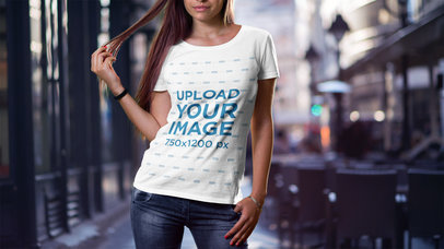 Cropped Face Mockup Featuring a Woman with Long Hair Wearing a T-Shirt 