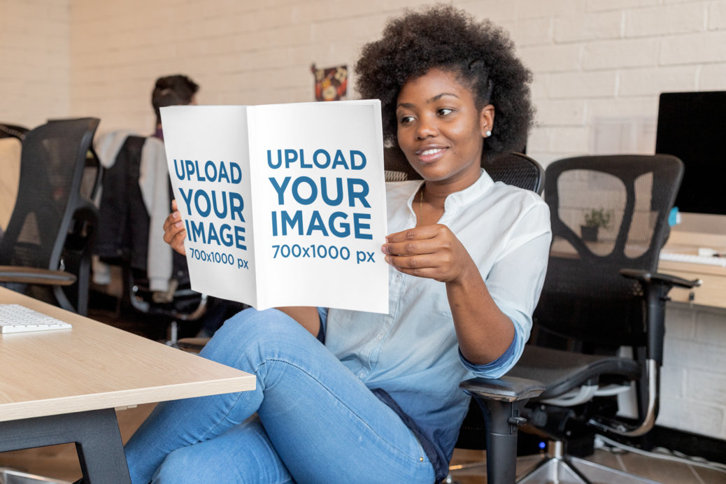Magazine Mockup Featuring a Woman Reading in the Office