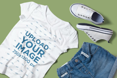 T-Shirt Mockup Featuring a Girl's Outfit Placed on a Plain Color Surface 
